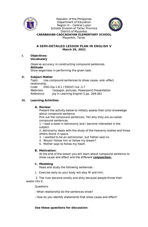 Semi Detailed Lesson Plan .